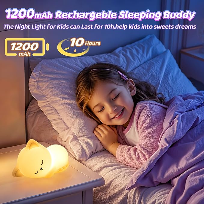 Mubarek Night Light for Kids,16Colors Cat Night Light for Kids Cute Lamp,Dimmable Toddler NightLight for Girls,Soft Silicone Nightlight for Baby Room, Rechargeable Cute Lamp Big Size