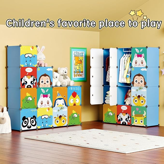 MAGINELS Kids Closet,Baby Wardrobe Closet with Door,Cute Portable Armoire Dresser,Clothes Hanging Storage Rack for Boy Bedroom,Blue,12 Cube(14x14inch)