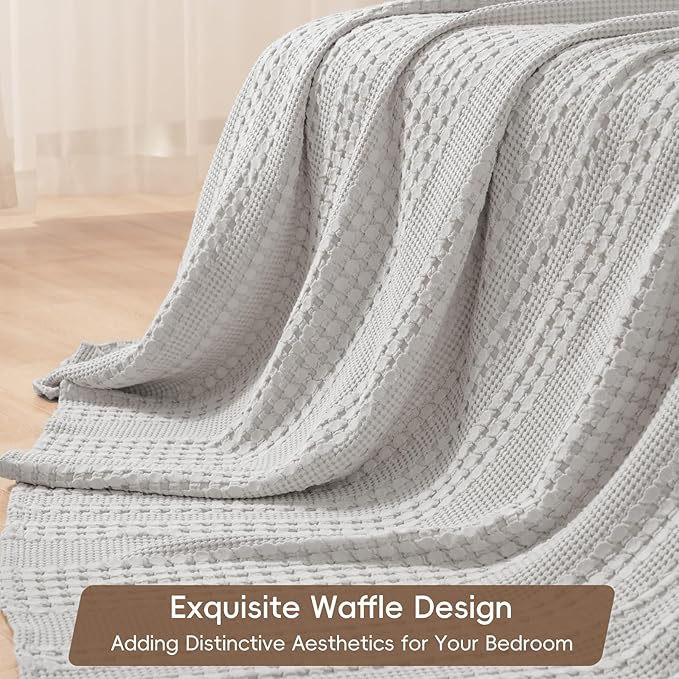 PHF 100% Cotton Waffle Weave Blanket King Size for Bed, Soft Lightweight & Breathable, All-Season Comfort, Luxury Aesthetic Woven Bedding for Home Decor, 108"x90", Light Grey