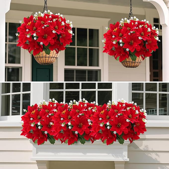 Artificial Flowers for Outdoors Red Christmas Poinsettia Flowers 12 Bundles Mixed Fake Plants UV Resistant Faux Flowers for Outdoor Planters Garden Porch Patio Home Winter Decor