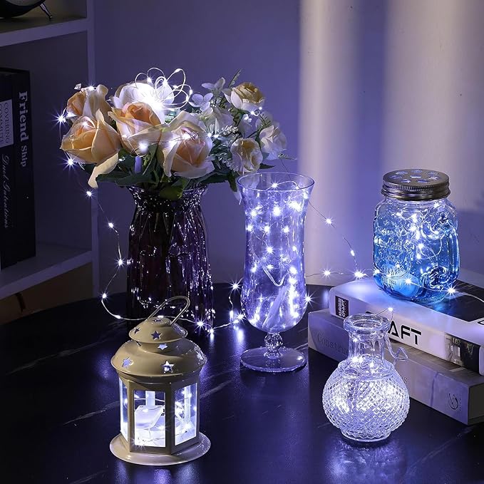 20 Pack Fairy Lights Battery Operated 7ft 20 LED Mini String Lights Twinkle Lights Silver Wire Firefly Starry Lights for Mason Jars Wedding Party Christmas Centerpiece Table Decorations, Cool White