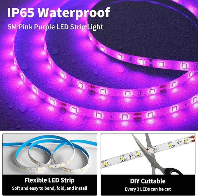 iNextStation Pink LED Strip Lights, 16.4ft 300 LEDs Ultra Bright Flexible LED Light Strip for Bedroom, Cuttable 12V Tape Light for Kitchen, Cabinet, TV Backlight (Power Adapter not Included)