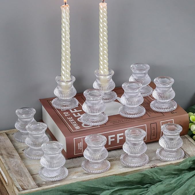 WDHODEC Clear Glass Candlestick Holders 12PCS Taper Candle Holders for Table Centerpiece Colorful Candle Sticks for Wedding, Party and Festival Decoration