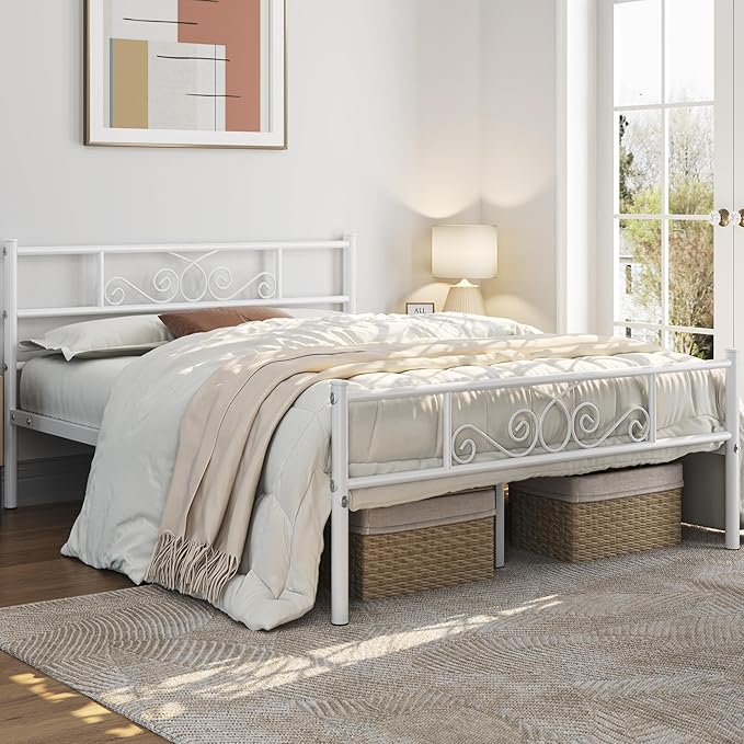 Yaheetech Full Bed Frames Metal Platform Bed with Headboard&Footboard for Bedrooms/No Box Spring Needed/Easy Assembly/Underbed Space: 12.6"/White Full Bed