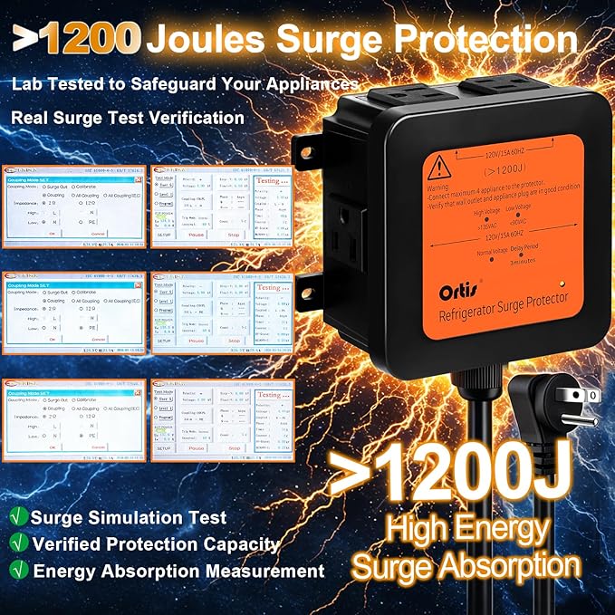 Ortis 4-Outlet Refrigerator Surge Protector with Time Delay, 1200J, Power Cord (5ft), Protects Against Spikes, Brownouts & Power Outages, Voltage Guard for Refrigerators 27 cu. ft. or More