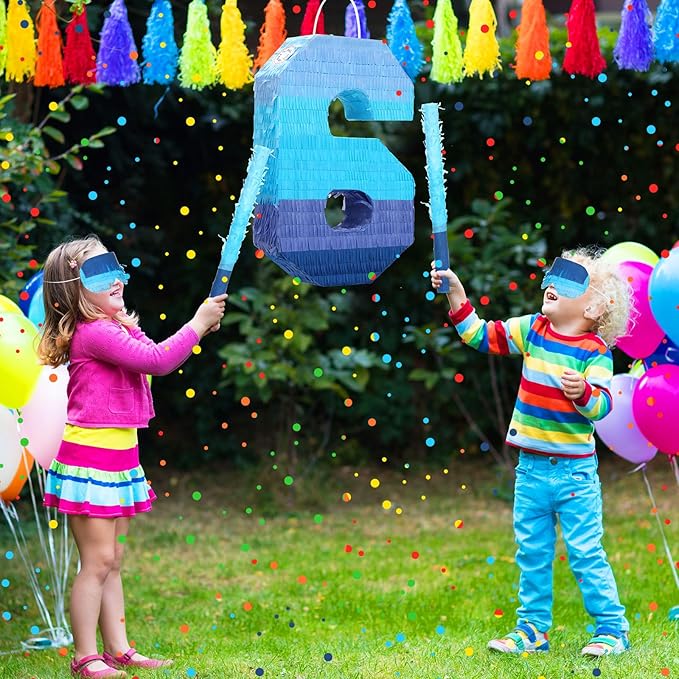 Sratte Number 1 2 3 4 5 6 7 8 9 Piñata with Stick Blindfold Confetti, Gradient Blue Piñata for Kids Boys Girls Birthday Party Anniversary Decorations Supplies(Number 6)