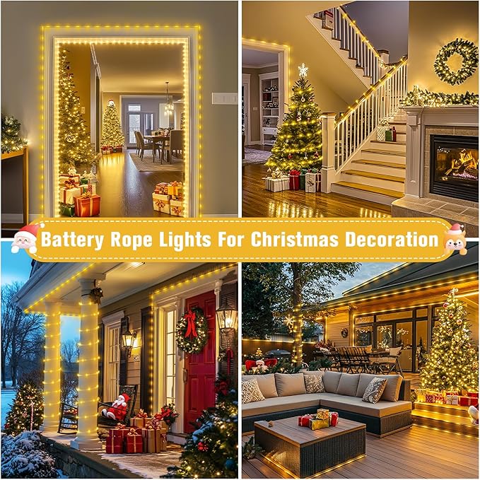 JMEXSUSS 2 Pack Battery Operated Rope Lights Warm White - Outdoor Waterproof, 200LED 66ft 8 Modes Battery Powered String Lights Outdoor with Remote for Camping Tent Trampoline Christmas Decorations