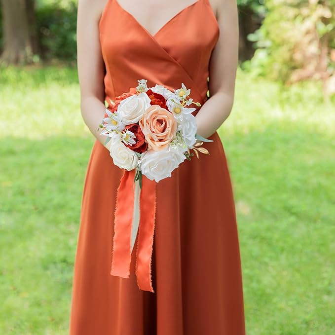 ponatia Burnt Orange Wedding Bouquets for Bride Bridesmaid, Cream Artificial Roses Flowers for Bride Bouquets Ceremony, Anniversary