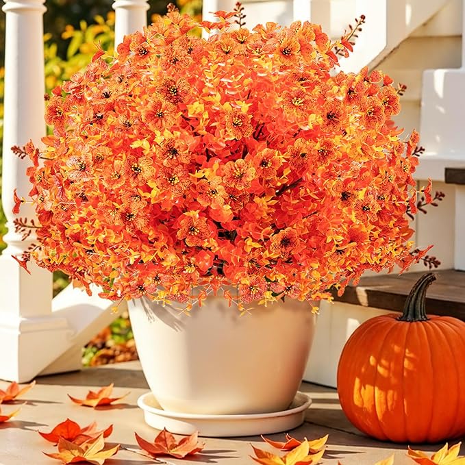 2 Pack 24" Artificial Fall Flowers Boxwood Topiary Ball Trees w/Ground Spike, UV Resistant Autumn Faux Orange Shrubs Bushes Boxwood Plant for Front Door Porch Patio Balcony Garden Yard Outdoor Decor