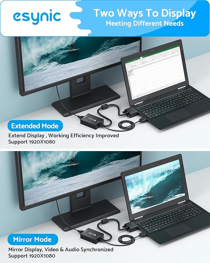 eSynic Professional VGA to HDMI Adapter 1080P VGA to HDMI Cable Converter ABS Shell Male to HDMI Female Support USB Power&Audio Output with Mirror & Extend Modes for Laptop to Monitor etc