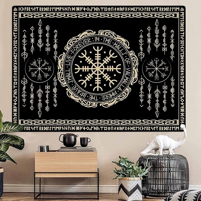 OSUNBD Nordic Vikings Tapestry Large 93x71inches Soft Flannel Vegvsir Symbol Amulet Celtic Rune Scandinavian Aesthetic Mythology Tapestry Wall Hanging for Bedroom Living Room Decor