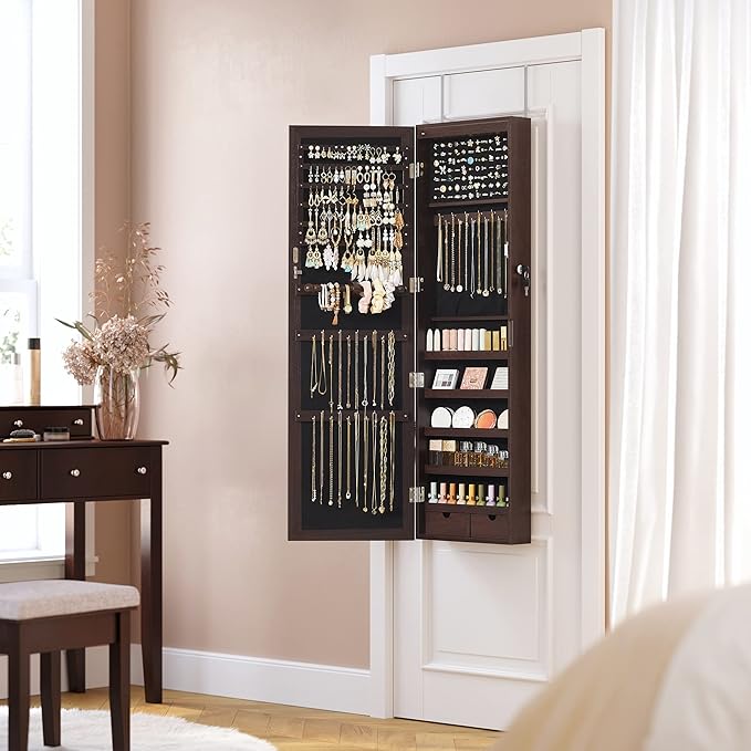 SONGMICS 6 LEDs Mirror Jewelry Cabinet, 47.2-Inch Tall Lockable Wall or Door Mounted Jewelry Armoire Organizer with Mirror, 2 Drawers, Christmas Gift, 3.9 x 14.6 x 47.2 Inches, Brown