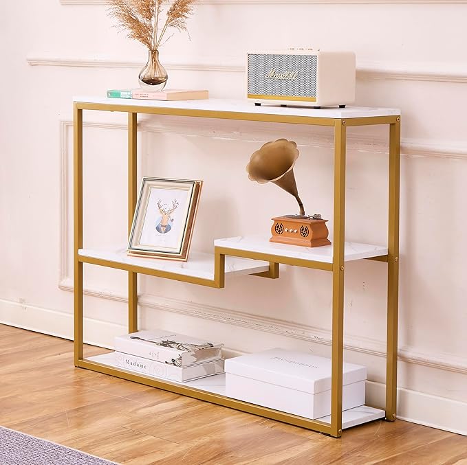 loglus Console Table for Entryway, Faux Marble MDF Sofa Table with Golden Frame (Multilayer, White Marble)