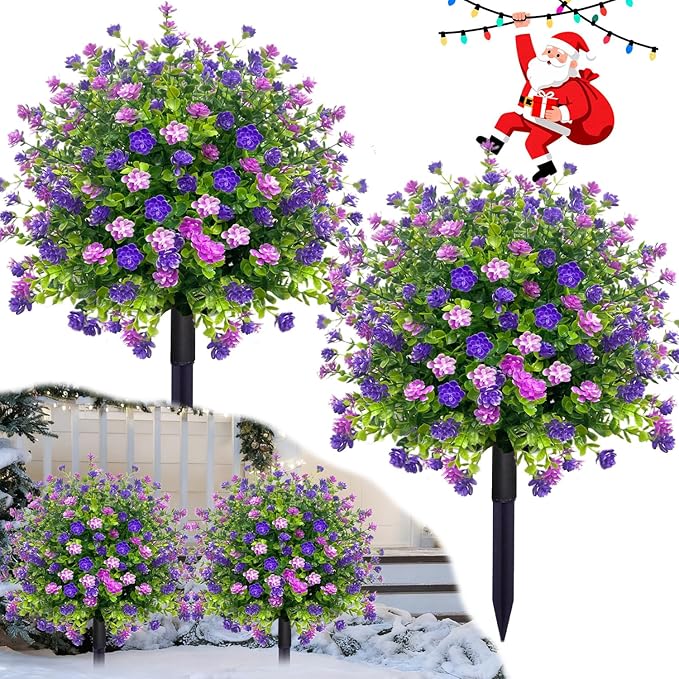 2 Pack Artificial Topiary Ball Trees Boxwood Shrubs with Spikes, UV Resistant Fake Flowers Bushes for Outdoor, Look Real Faux Plants for Porch Pathway Garden Yard Patio Halloween Decor -Purple