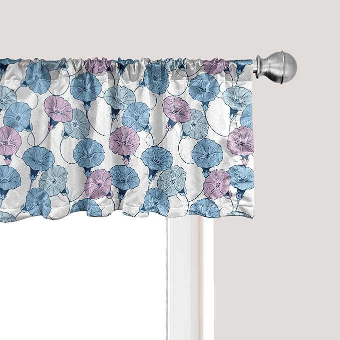 Ambesonne Flower Window Valance, Delicate Pastel Spring Trill Bindweeds, Curtain Valance for Kitchen Bedroom Decor with Rod Pocket, 54" X 12", Blue Grey Mauve