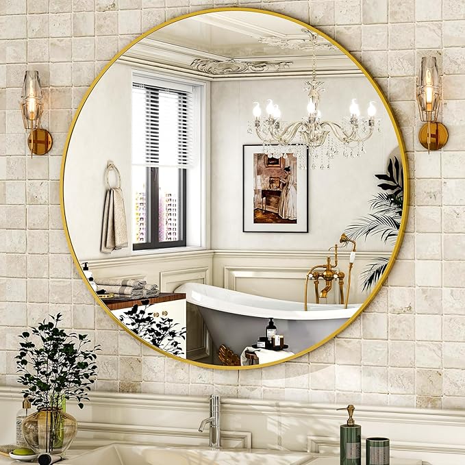 HARRITPURE Round Mirror 36 Gold Wall Mounted Circle Mirrors Vanity Mirror with Brushed Aluminum Alloy Frame Modern Decoration for Bathroom, Living Room, Vanity, Bedroom, Entryway