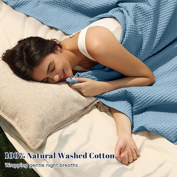 PHF 100% Cotton Waffle Weave Blanket Twin Size for Bed,Snag Proof Lightweight Breathable Moisture-Wicking Throw for Couch,Great for Layering in Cold Weather,Machine Washable,Home Decor Gift-Dusty Blue