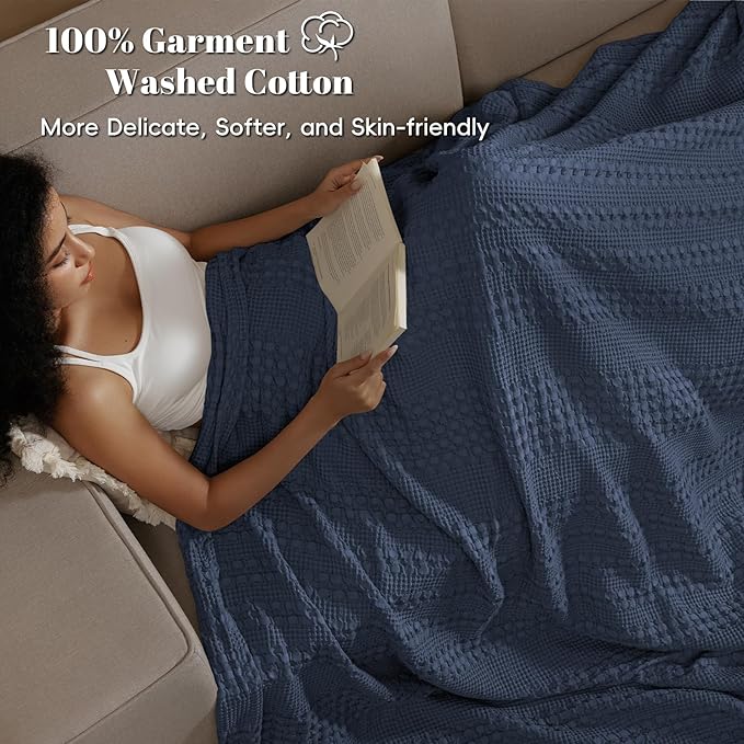 PHF 100% Cotton Waffle Weave Blanket King Size for Bed, Soft Lightweight & Breathable, All-Season Comfort, Luxury Aesthetic Woven Bedding for Home Decor, 108"x90", Indigo