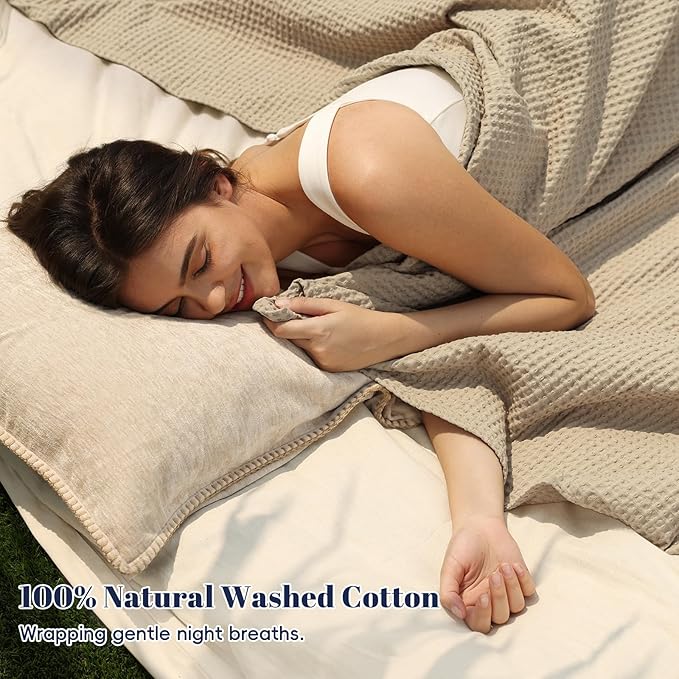 PHF 100% Cotton Waffle Weave Blanket Twin Size for Bed,Snag Proof Lightweight Breathable Throw for Couch,Great for Layering in Cold Weather,Machine Washable,Home Decor Gift-Khaki/Simply Taupe