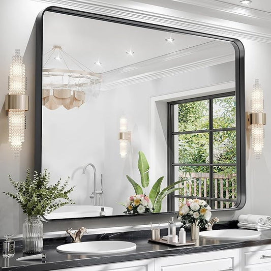 Hasipu Black Bathroom Wall-Mounted Mirror 50x40 Inch Rounded Rectangle Vanity Mirror Metal Framed Wall Mirrors Anti-Rust Surface Mount Over Sink (Hangs Horizontal or Vertical)