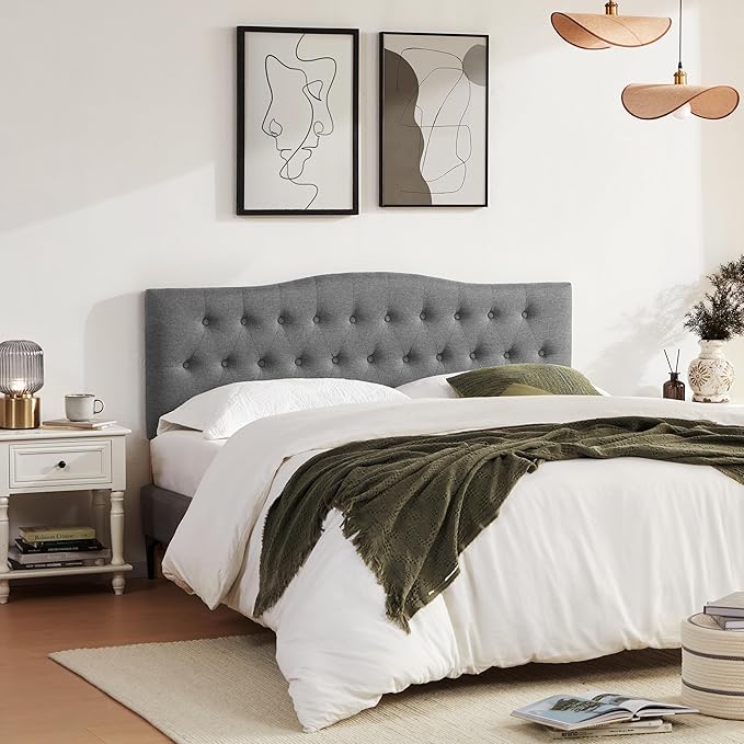 Tufted Upholstered Headboard King Size, Sturdy and Durable Solid Wood Bed headboard, Fabric Headboard Adjustable Height from 37” to 51”, Modern Button Diamond Design Head Board, Grey