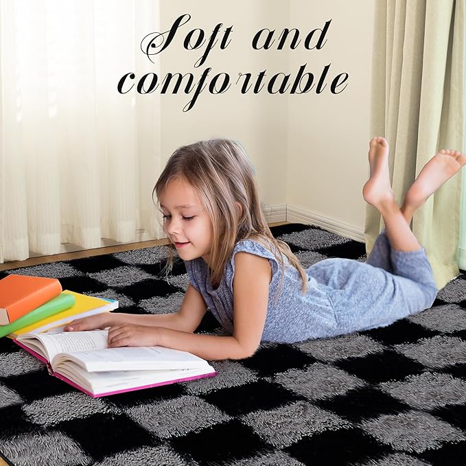 Super Soft Rug for Bedroom, 3x5 Ft Grey and Black Area Rug Classic Checkered Shaggy Rug Anti-Skid High Pile Soft Fluffy Fuzzy Carpet for Living Room Bedroom Kids Room Nursery, Dorm Home Decor