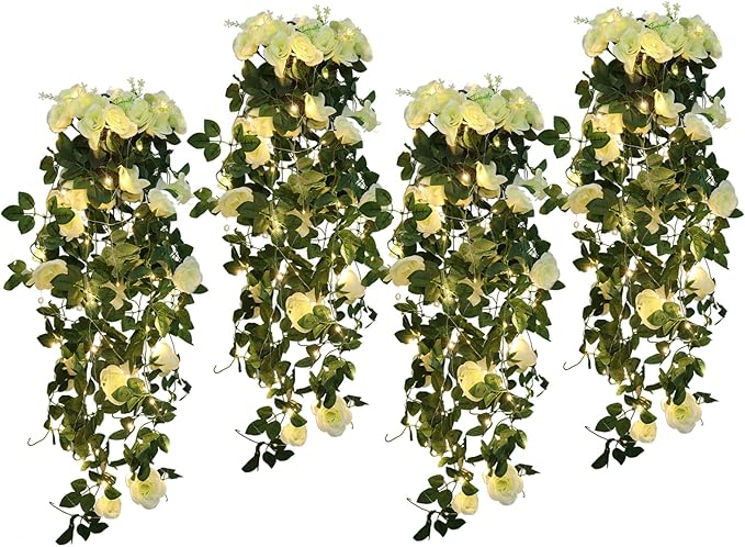 RECUTMS Artificial Rose Vine Plants Hanging 4Pieces 3.3Ft,Fake Light up Vines with 30 LED Lights Decor for Home, Office,Room, Door, Garden,Porch, Wedding Decoration (White)