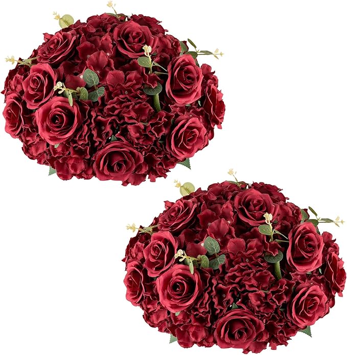 Nuptio Flower Balls for Wedding Centrepieces - 2 Pcs 15.7 inch Diameter Large Burgundy Artificial Flowers Roses Ball Fake Flower Arrangement Bouquet Faux Rose for Wedding Party Centrepiece Decorations