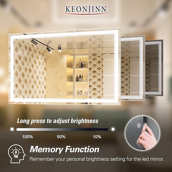 Keonjinn 55 x 36 Inch Bathroom LED Mirror, Oversized Lighted Bathroom Mirror, UL Listed LED Driver, HD Tempered Glass, Easy Installation, Anti-Fog, Memory Dimmable 6000K, CRI 90+(Horizontal/Vertical)