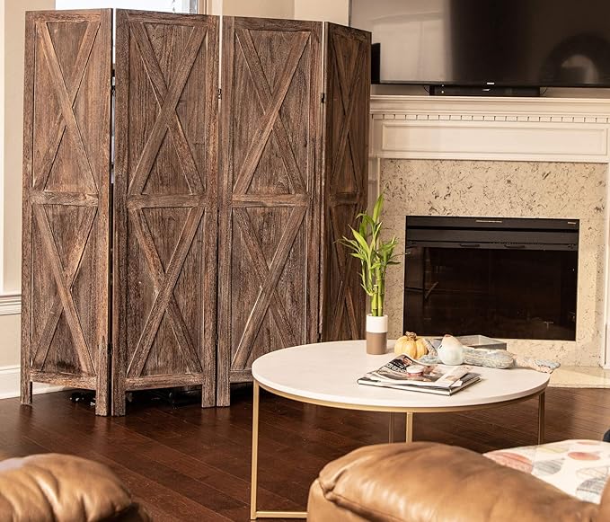 Premium Home 4-Panel Room Divider – Rustic Brown Barn Door, X Pattern Folding Privacy Screen, Partition Wall