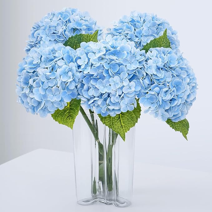 Waipfaru 21" Real Touch Blue Hydrangea Artificial Flowers with Long Stem & Leaves, Full Latex Faux Hydrangea Flowers for Home Decor Party Floral Arrangements Wedding Bouquets Centerpieces, 3Pcs
