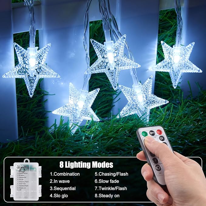 Brightown Star String Lights Battery Operated - 17 ft 50 LED Star Fairy String Lights with Remote and Timer, 8 Modes Waterproof for Bedroom Tent Loft Bed Patio Party Wedding Decor, White