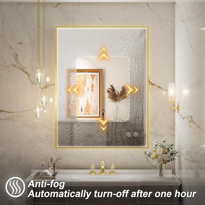 24x36 Inch LED Bathroom Mirror with Lights,Wall Mounted Lighted Mirrors with Non-Rusting Gold Metal Frame Anti-Fog Memory Funtion Stepless Dimmable, CRI90+,Waterproof