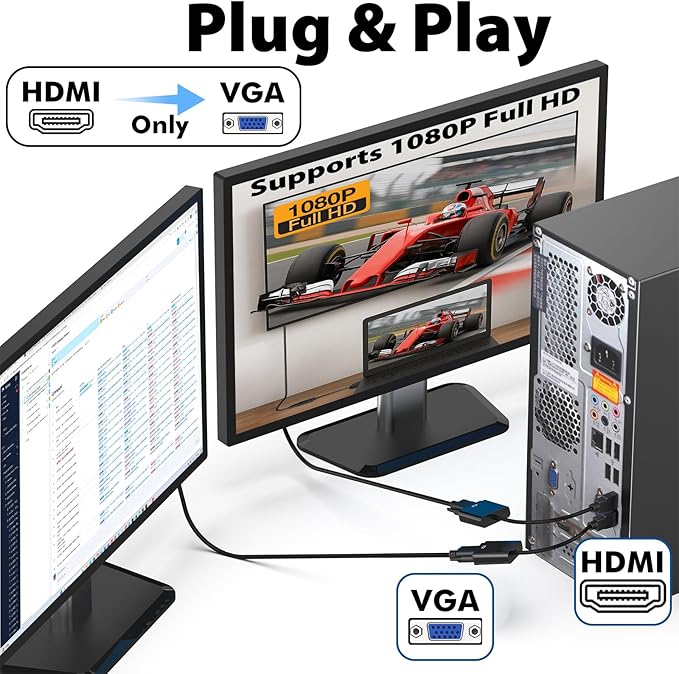 VGA to HDMI Adapter Cable – Uni-Directional 1080P HDMI to VGA Converter for PC, Laptop, Xbox, Roku, TV Box – Gold-Plated, Plug & Play, Monitor Compatible