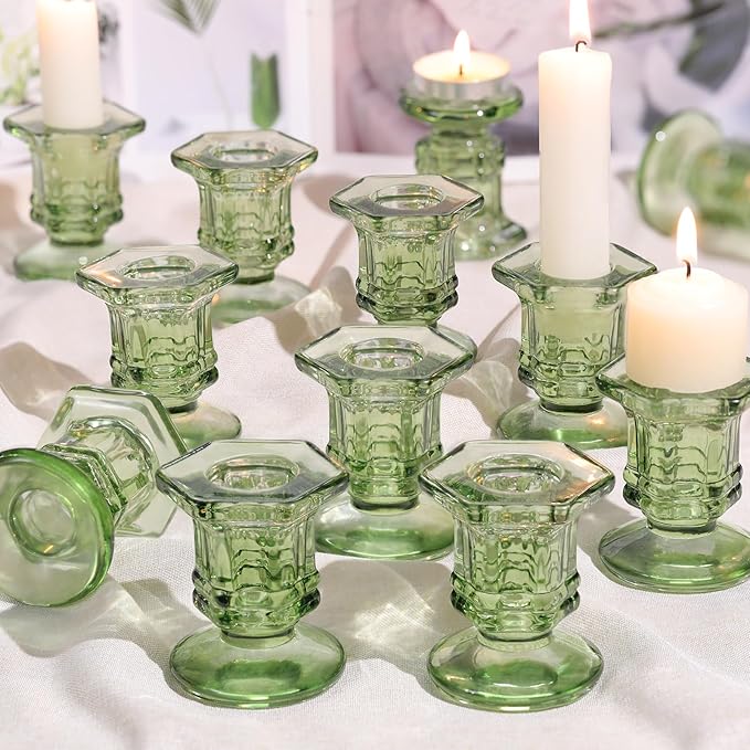 Green Candlestick Holders Bulk, 12 Pcs Glass Candle Holders Set,Crystal Taper Candle Holder for Wedding, Table Centerpiece, Home Decoration