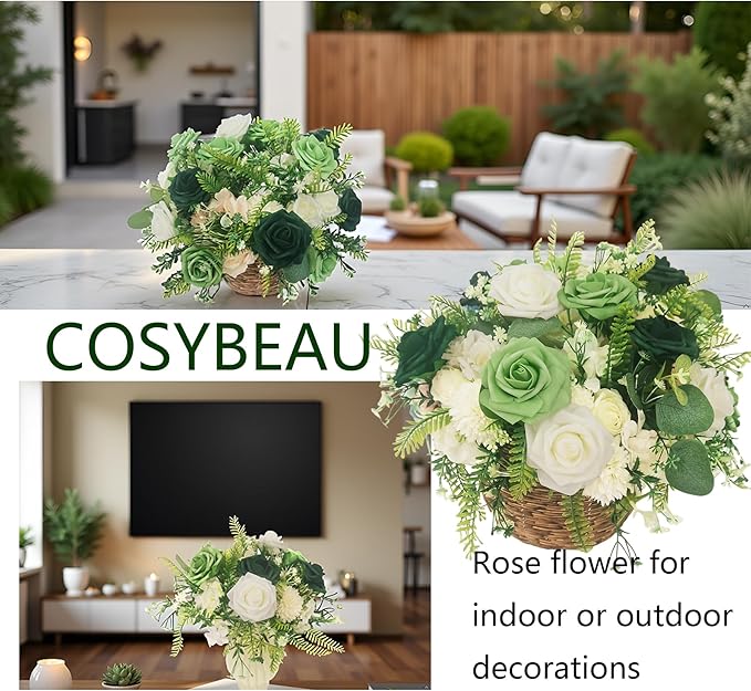 Artificial Fake Flowers 25pcs Roses, Shade of Green Foam Rose Faux Flower for DIY Wedding Bouquets Bridal Shower Centerpieces Floral Arrangements Party Tables Home Decorations