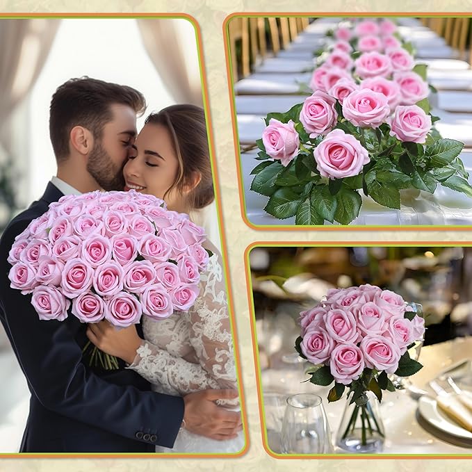 50 PCS Fake Pink Roses, Artificial Flowers Bulk Realistic Silk Faux Rose with Stems for Wedding Decoration Bridal Bouquet Birthday Celebrations DIY Floral Arrangement Home Decor