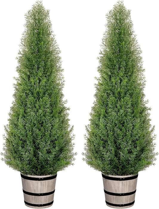 4FT Artificial Cedar Topiary Trees with Rustic Barrel Planter, Outdoor Indoor Realistic Faux Pine Shrubs Plants, Fake Cypress Trees for Home Offices Porch Decor, Set of 2
