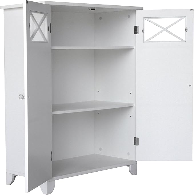 Teamson Home Dawson Wooden Freestanding Floor Cabinet with 1 Fixed 1 Adjustable Shelves 3 Storage Spaces 2 Glass Paneled Doors and 2 Clear Knobs, White