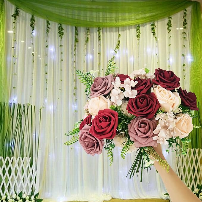 Artificial Fake Flowers 26pcs Roses, Mixed White & Burgundy Faux Flower for DIY Wedding Bouquet Bridal Shower Centerpieces Floral Arrangements Party Table Home Decorations