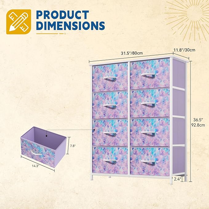 DWVO Dresser with 8 Drawers - Fabric Storage Tower, Organizer Unit for Bedroom, Hallway, Closets - Sturdy Steel Frame, Wooden Top & Easy Pull Fabric Bins (Purple)