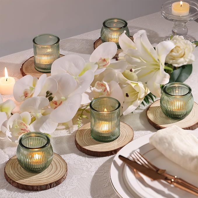 24pcs Assorted Green Votive Candle Holders for Table Centerpiece, Ribbed Tea Lights Candle Holder Glass, Green Candle Holders for Wedding Table Decor, Bridal Shower and Tea Party Decorations