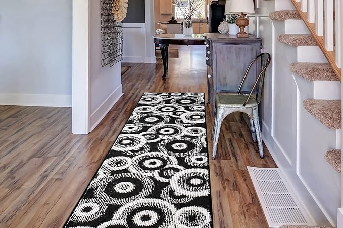 Custom Length Cut to Size Modern Farmhouse Carpet Runner Rug for Hallways, Non Slip Rubber Backed, 31 inch Wide X Customized Length, Geo Black, 31 inch X 15 feet