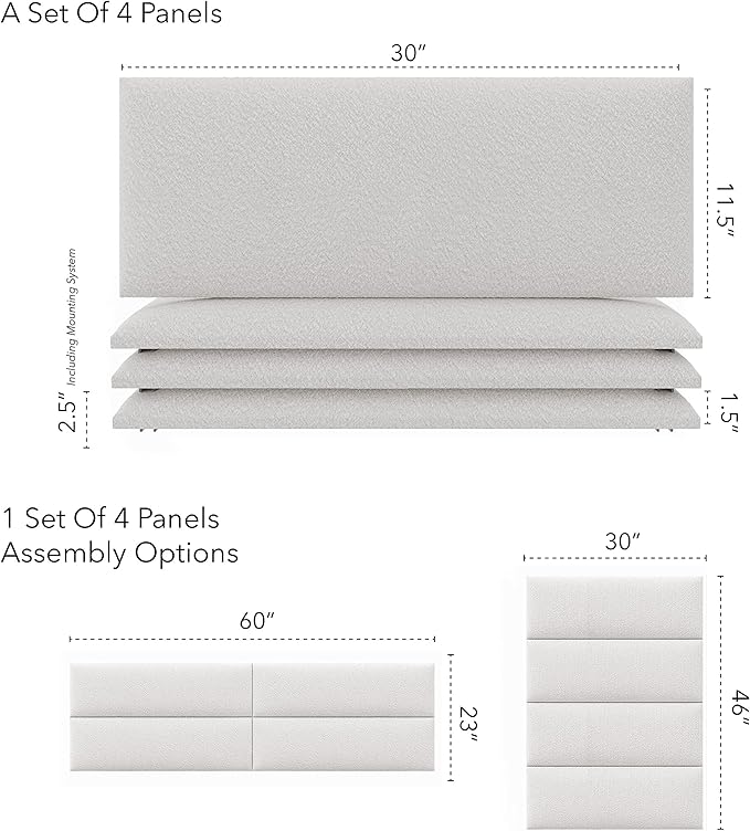 Vänt Upholstered Wall Panels - Queen/Full Size Wall Mounted Headboards - Boucle Ivory - Set of 4 Panels (Each Individual Panel 30"x11.5")