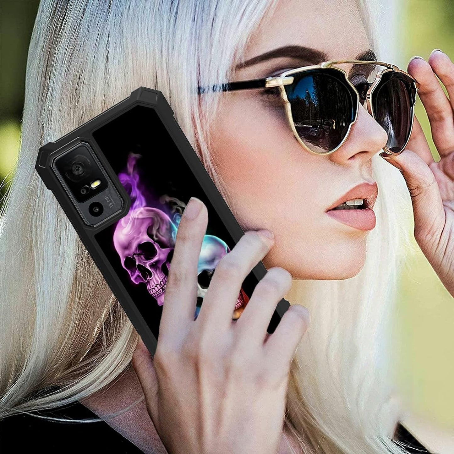 Rossy Case for TCL 40 XE 5G with Tempered Glass Screen Protector, Heavy Duty Shockproof Protective Cover with Skull