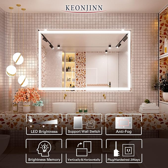 Keonjinn LED Bathroom Mirror with Lights, 60 x 40 Inch, Dimmable, Anti-Fog, Waterproof, Wall Mounted, Home Mirror