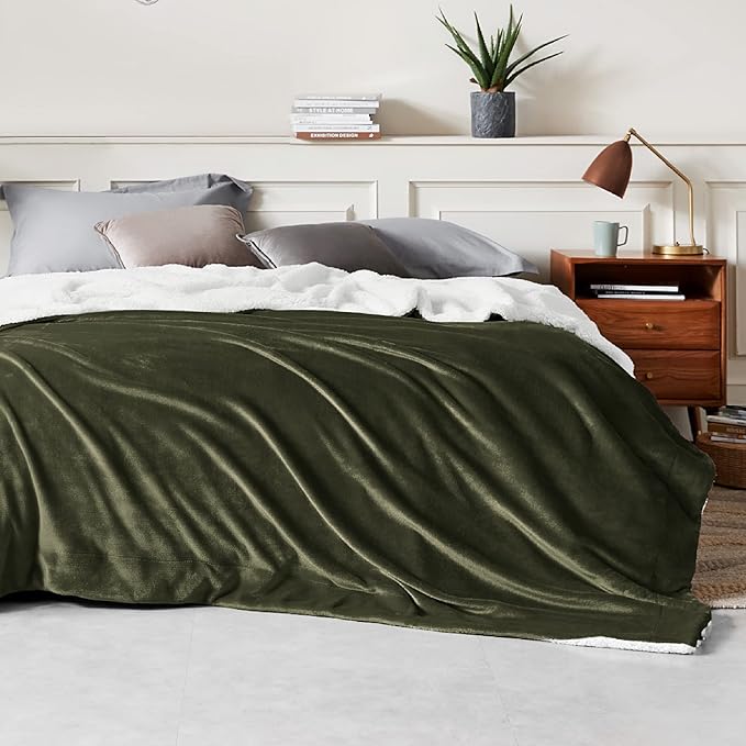 Bedsure GentleSoft Sherpa Fleece Blankets King Size for Bed - Thick and Warm Throw for Women and Men, Soft Fuzzy Plush King Blanket for Winter, Olive Green, 108x90 Inches