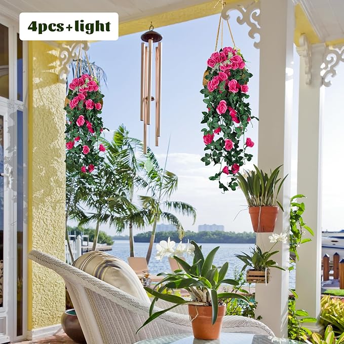 RECUTMS 2pcs Artificial Hanging Plants 32 in Fake Plant Ivy Vine Outdoor UV Resistant Plastic (Rose red)