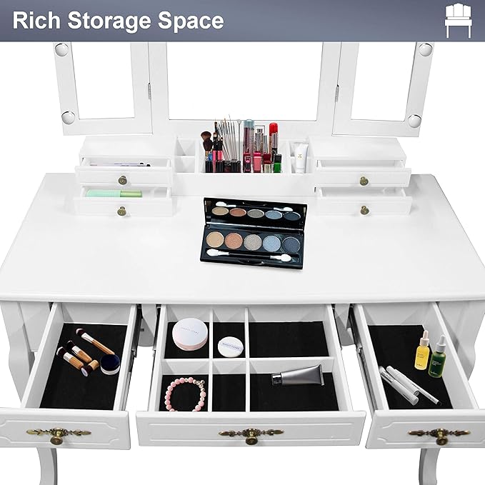 ENSTVER Vintage Vanity Desk with Mirror and Lights, Tri-Folding Mirrors, 6 Organization 7 Drawers Makeup Dress Vanity Table with Cushioned Stool-White