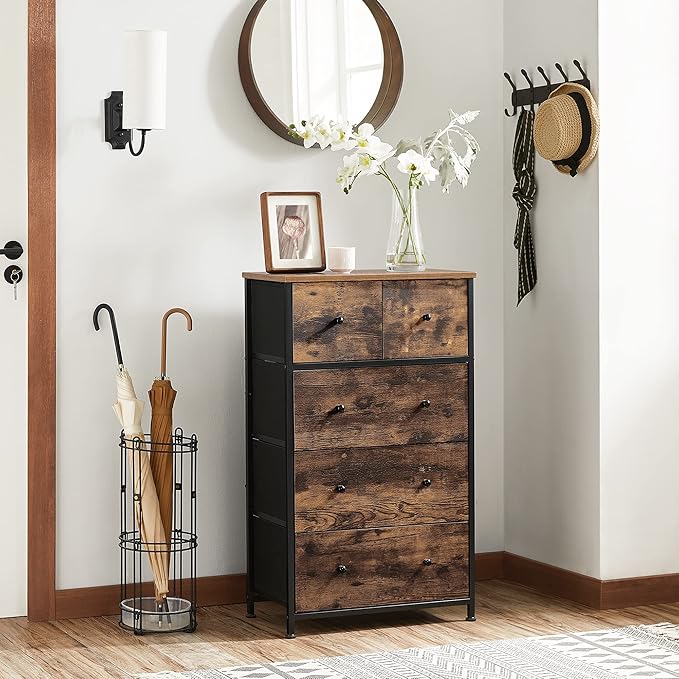 SONGMICS Drawer Dresser, Storage Dresser Tower with 5 Fabric Drawers, Wooden Front and Top, Industrial Style Dresser Unit, for Living Room, Hallway, Nursery, Brown and Black ULGS45H